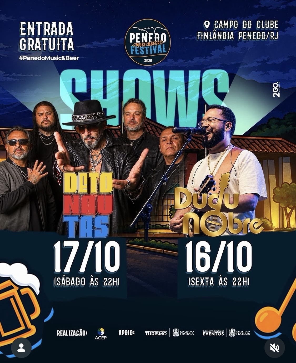 Dudu Nobre e Detonautas fazem shows gratuitos em Penedo neste fim de semana